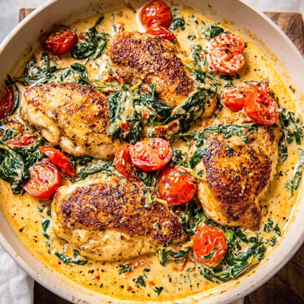 Creamy Tuscan chicken: Pan-seared chicken in a rich, flavorful Tuscan sauce.