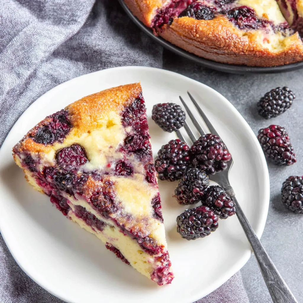 Blackberry clafoutis: fresh, baked French dessert with juicy berries.