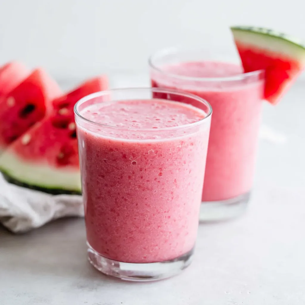 Refreshing watermelon smoothie in a glass. Summer drink recipe.