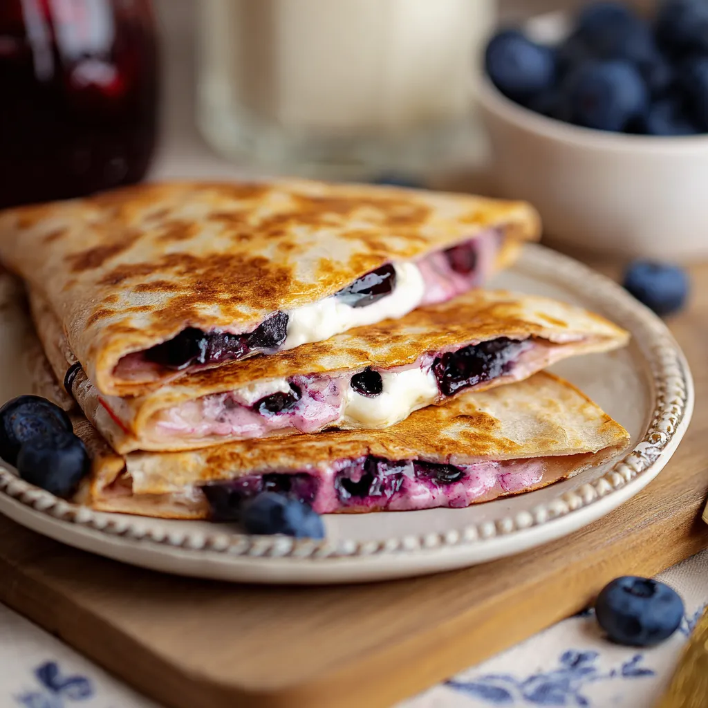 Blueberry breakfast quesadilla: warm tortilla filled with sweet blueberries.
