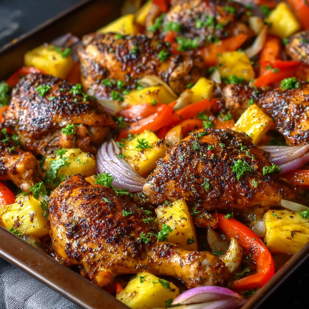 Hawaiian chicken sheet pan dinner. Chicken, pineapple, peppers, and rice.