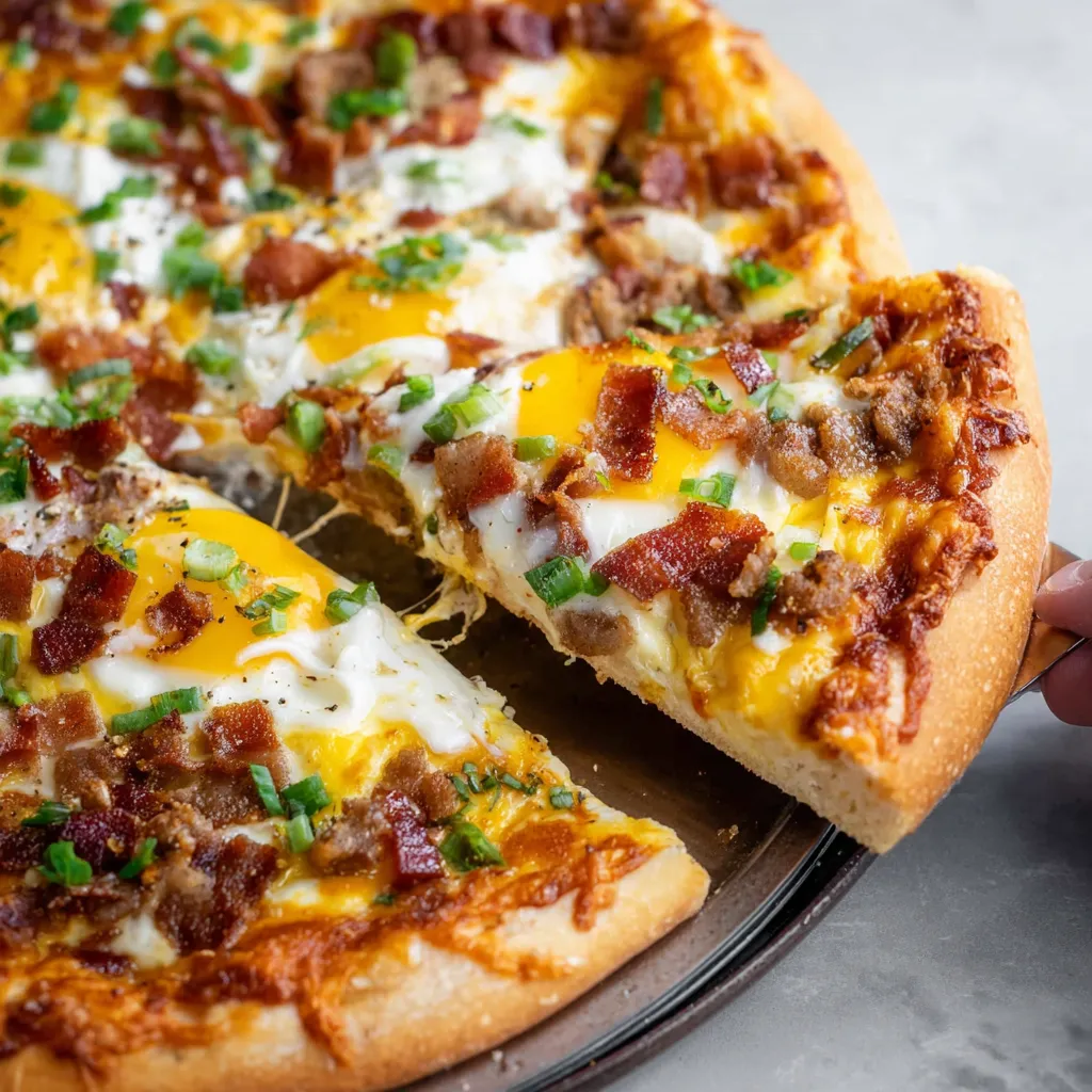 Breakfast pizza slice with eggs, bacon, and melted cheese.
