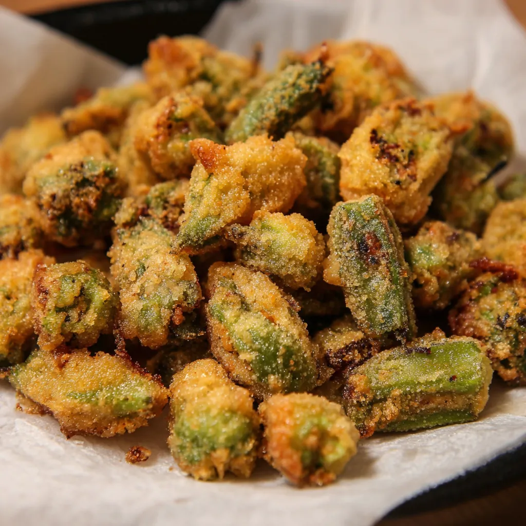 Buttermilk fried okra, golden brown and crispy, piled high on a plate.