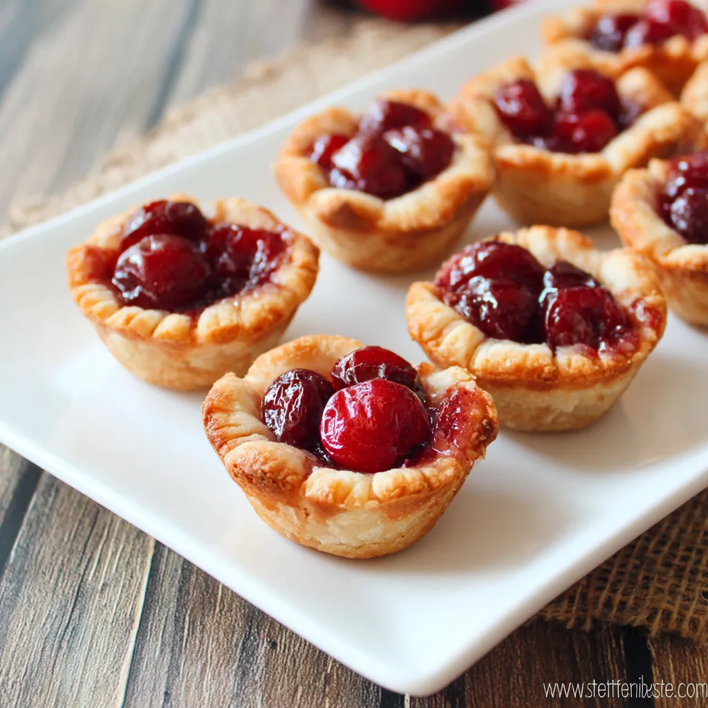 Close-up of mini cherry pie bites, flaky crust, glistening filling.