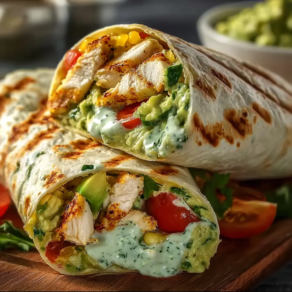 Chicken avocado ranch burrito, cut open, showing filling.
