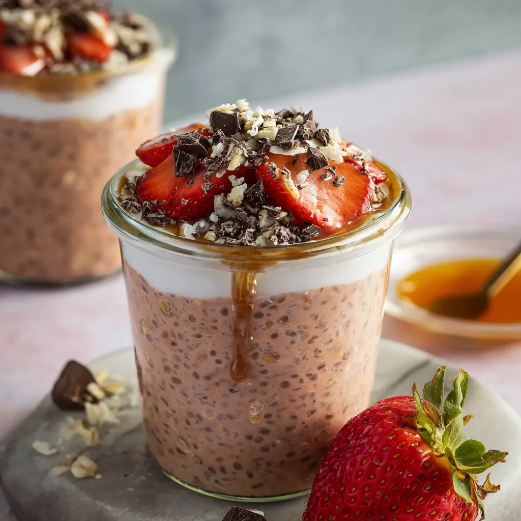 Chocolate strawberry overnight oats in a glass jar. Healthy breakfast.