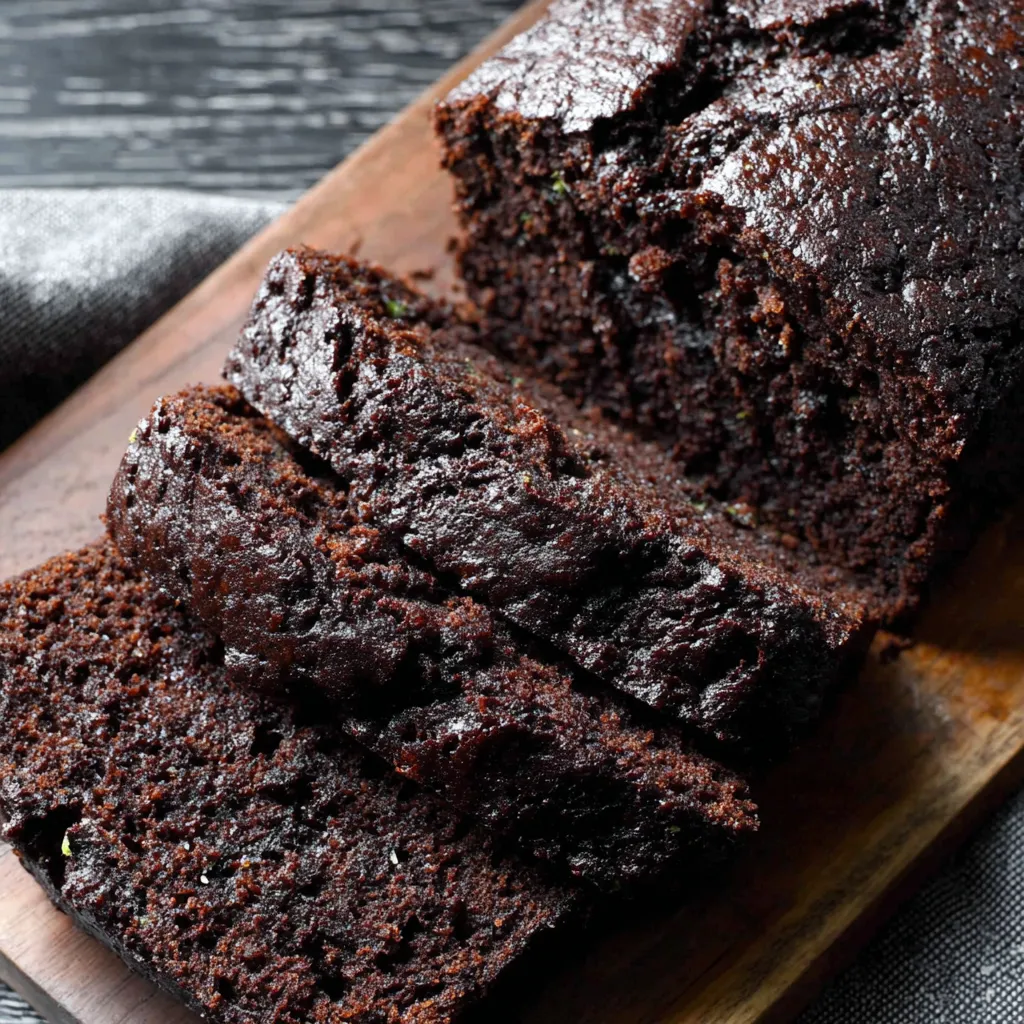 Chocolate zucchini bread slice with visible chocolate chips.