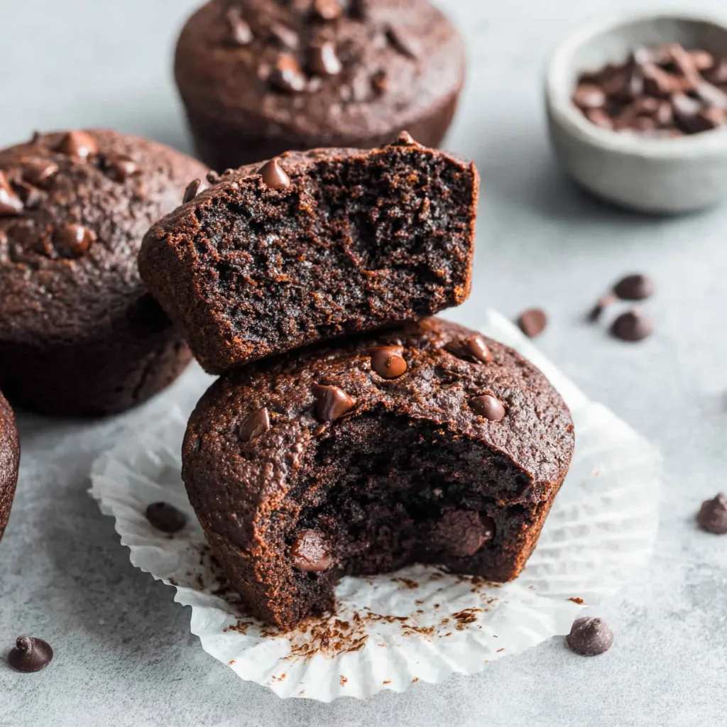 Chocolate zucchini muffins. Moist, dark chocolate indulgence.