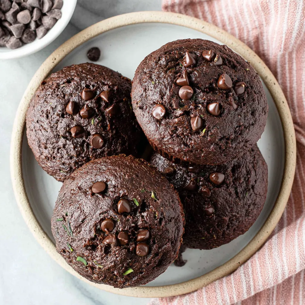 Chocolate Zucchini Muffins: Close-up of moist, delicious muffins.