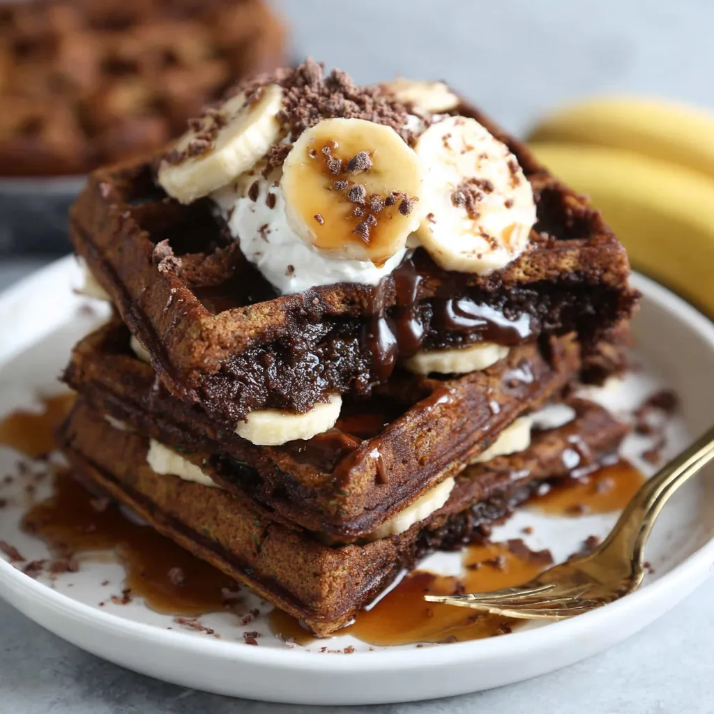 Chocolate zucchini waffles stacked high. Delicious breakfast!