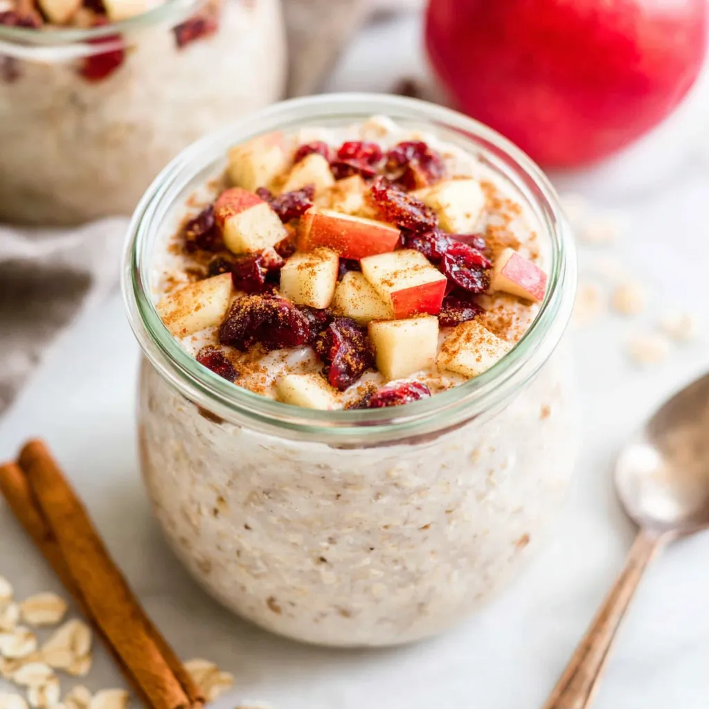 Cinnamon apple overnight oats. Healthy breakfast with spiced apples and oats.