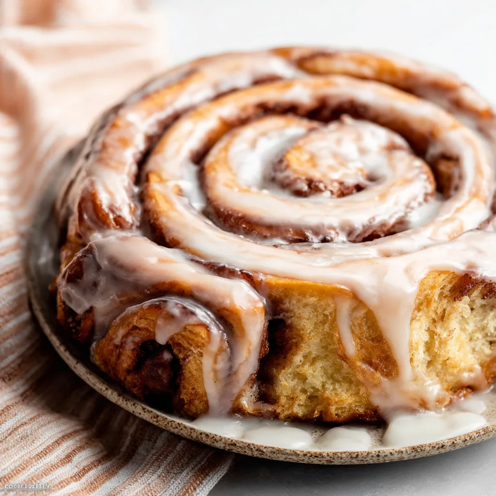 Gooey cinnamon roll cake with cream cheese frosting, ready to eat.