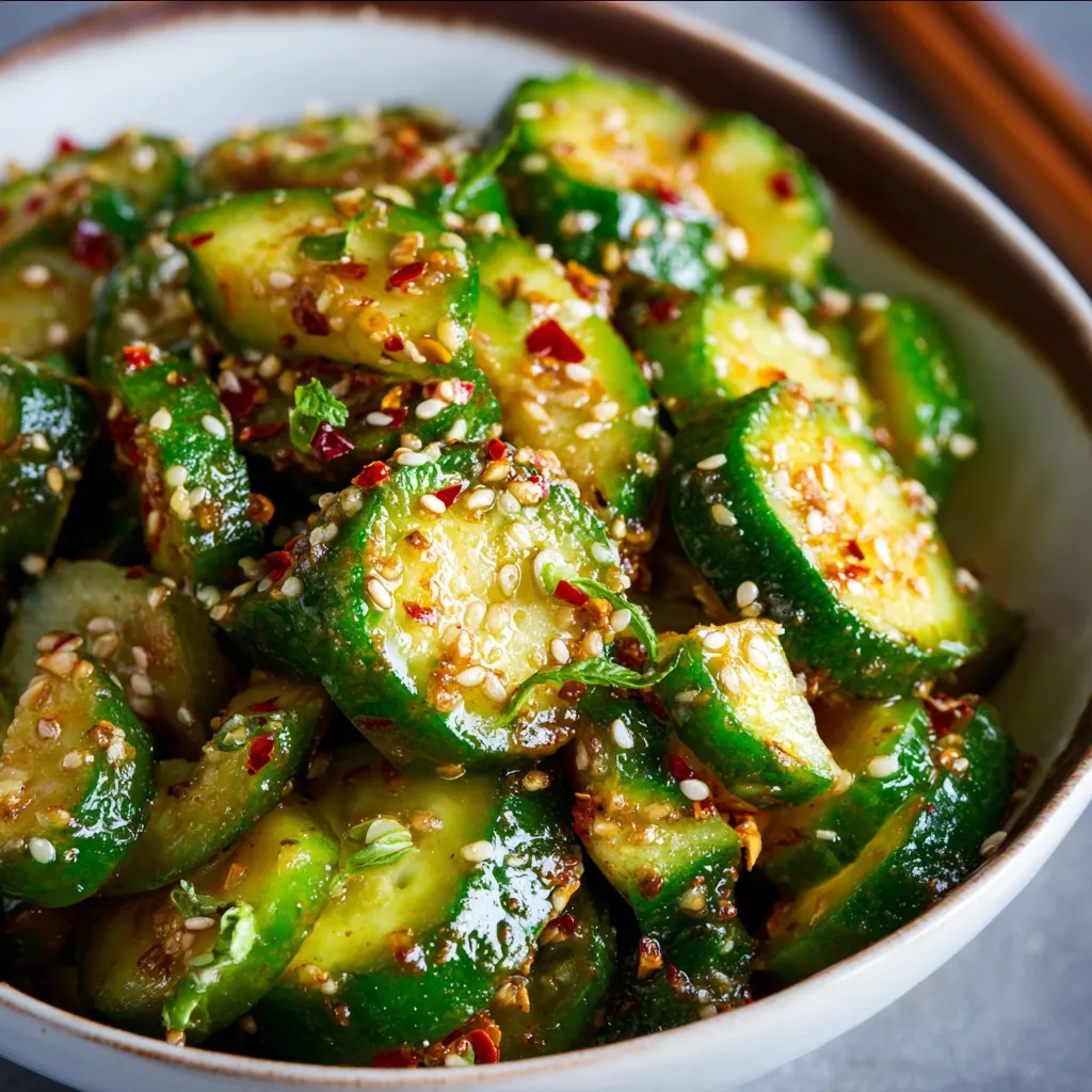 Korean cucumber salad (oi muchim) close-up. Cool, refreshing summer side dish.