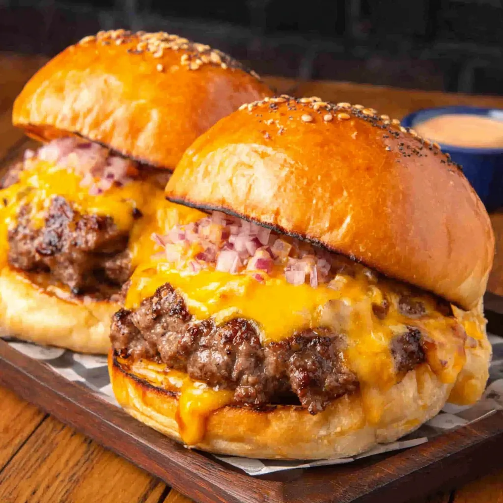Juicy Crack Burger closeup: cheesy, crispy bacon, caramelized onions.