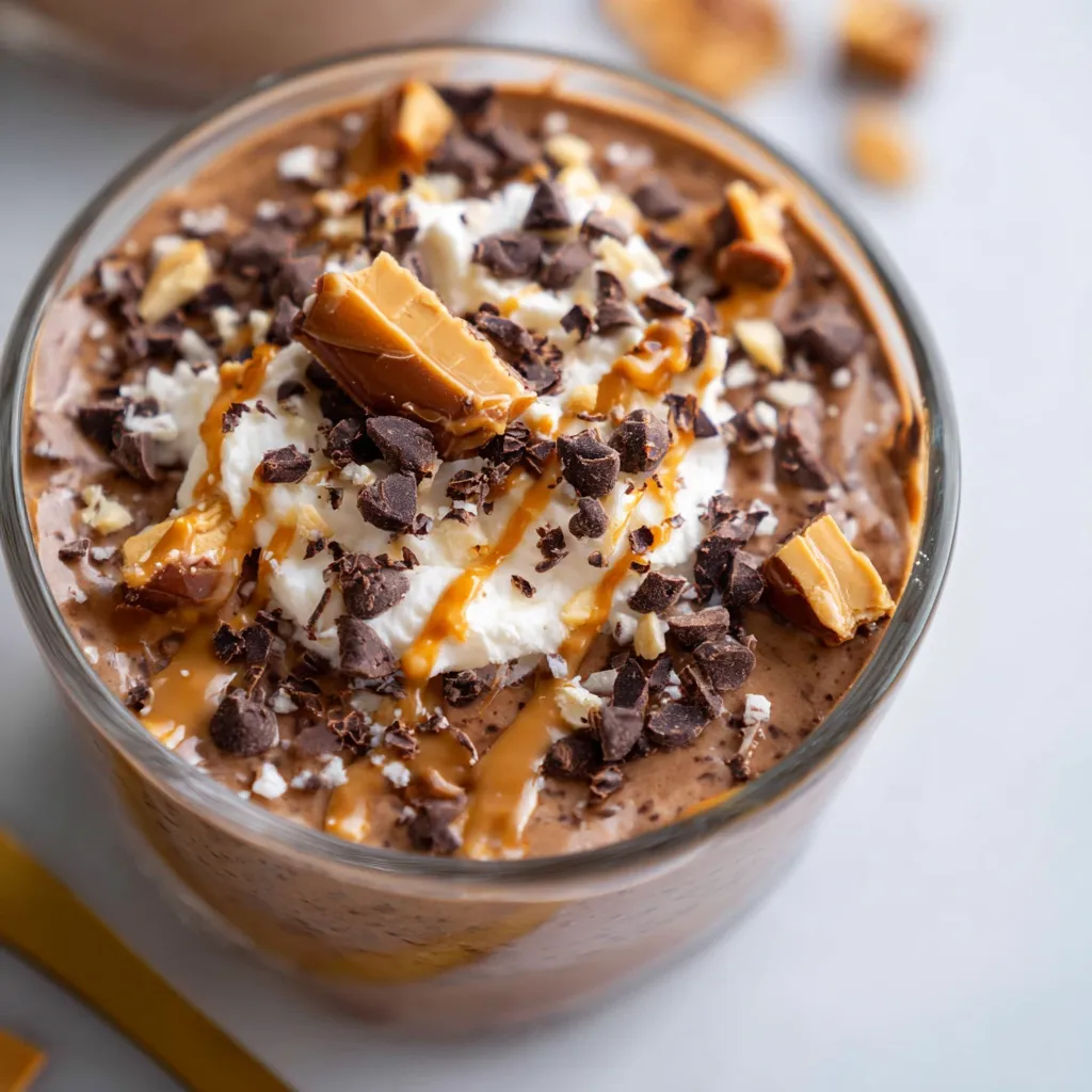 Close-up of Snickers overnight oats in a glass jar. Healthy dessert, craving fix.