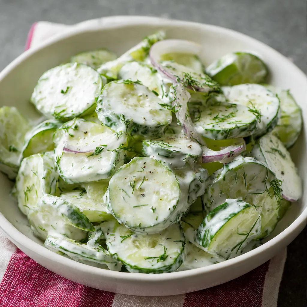Creamy cucumber salad. A refreshing summer side dish with dill and sour cream.