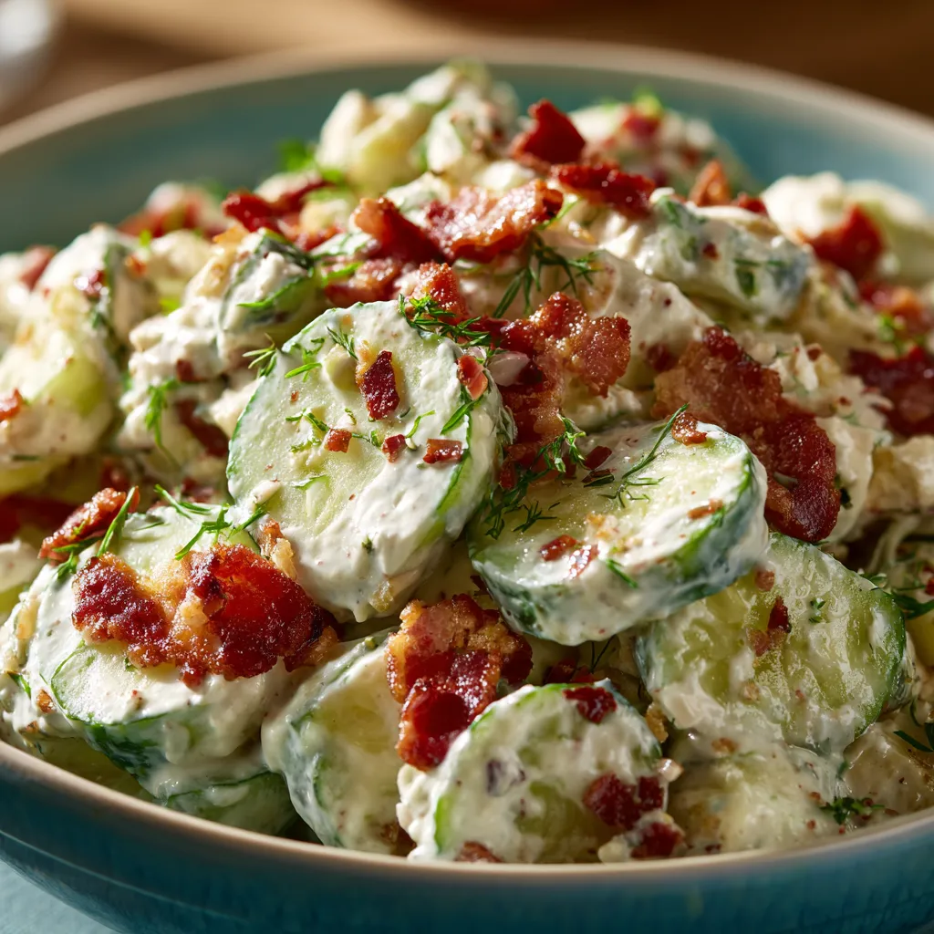 Creamy cucumber salad with bacon, cheese. Delicious summer side dish!