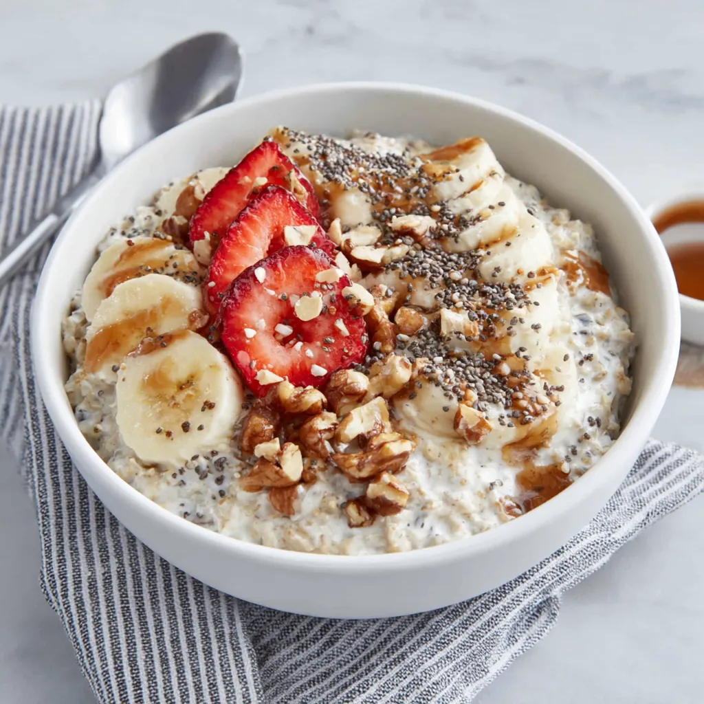 Creamy overnight oats in a glass jar. Easy no-cook breakfast!