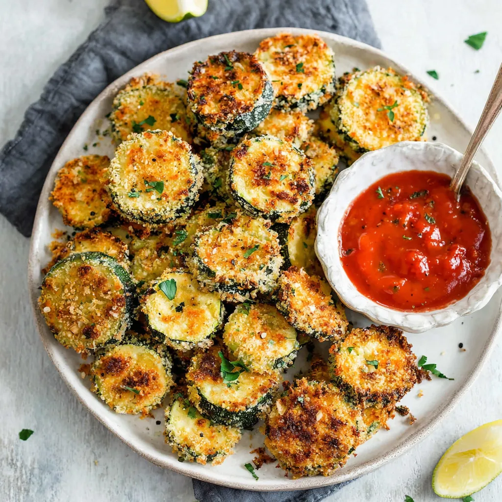 Crispy baked zucchini chips, golden brown and seasoned.