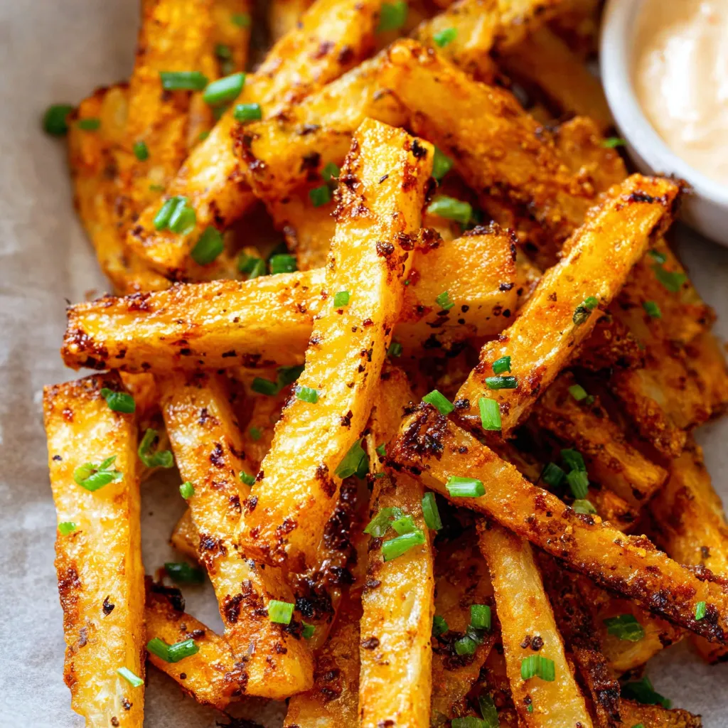 Crispy baked kohlrabi fries. Alternative to potato fries, healthy and delicious!