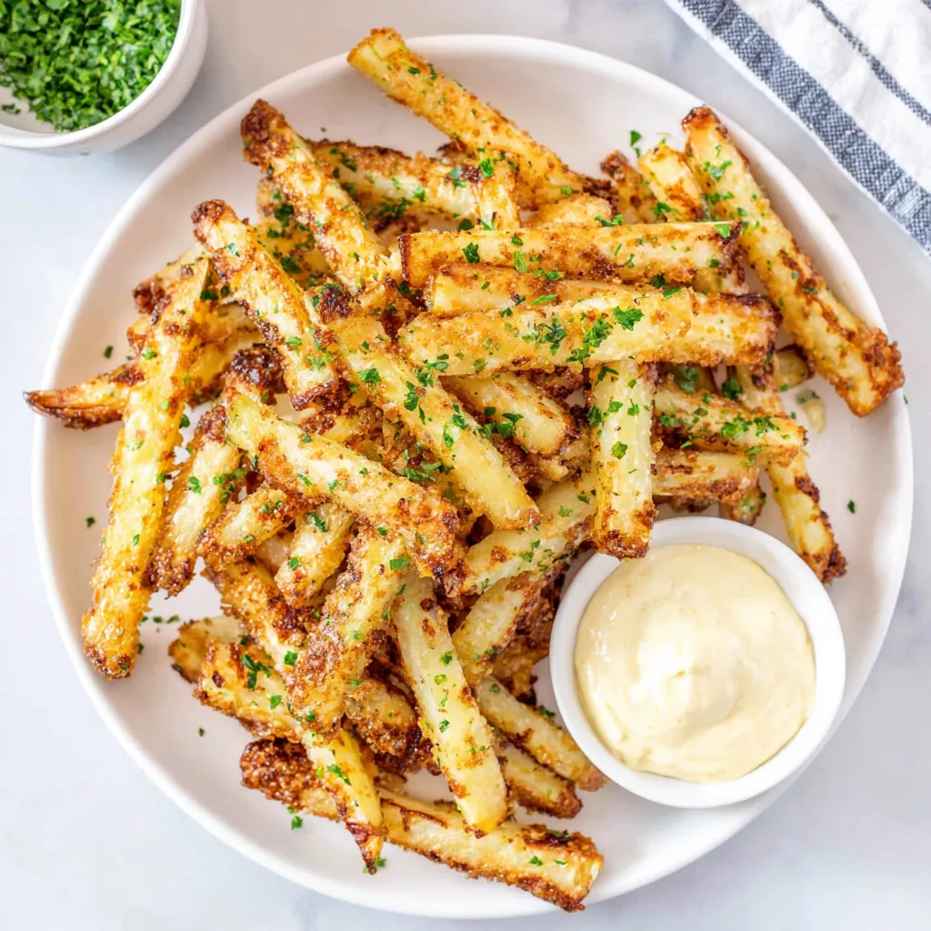 Crispy kohlrabi fries, golden brown and ready to eat.