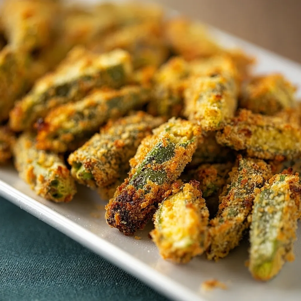 Crunchy baked okra: Close-up of crispy, seasoned okra slices.