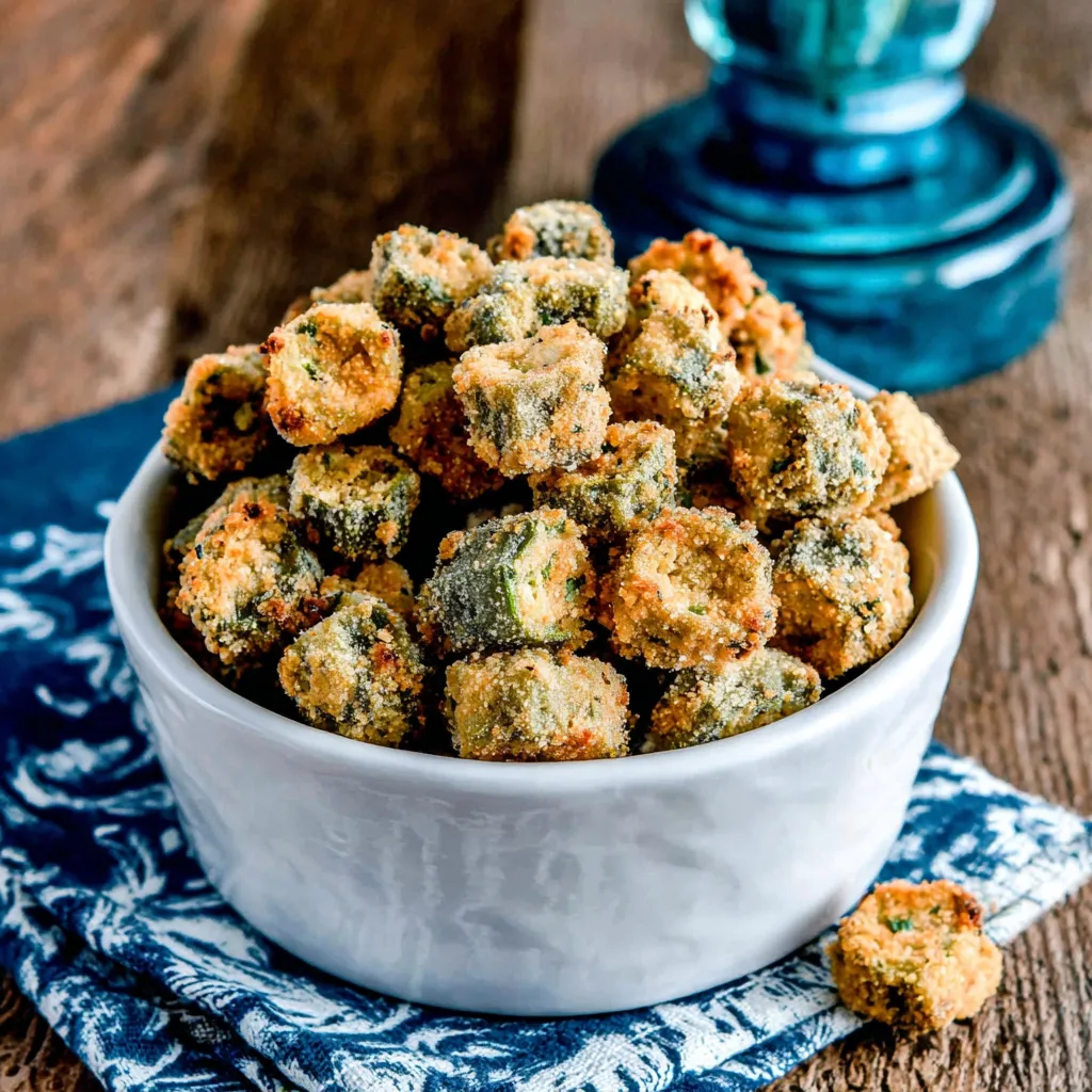 Crunchy oven-fried okra pieces on a plate. Guilt-free okra snack recipe.