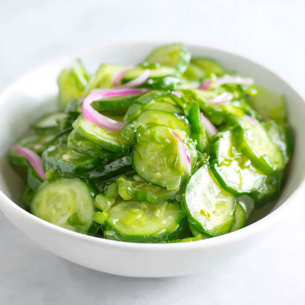 Cucumber salad close-up: Fresh cucumbers, dill, and tangy dressing.