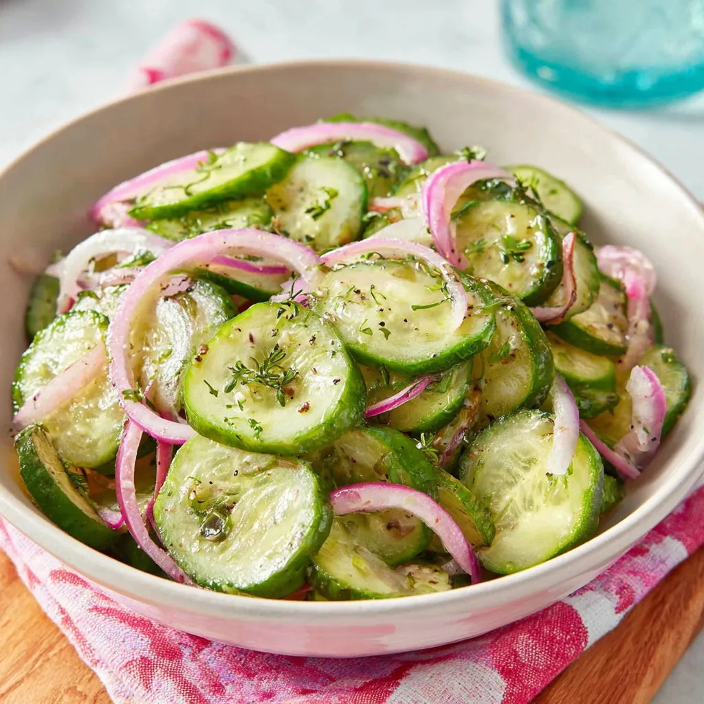 Cucumber salad recipe: fresh cucumbers, herbs, and light vinaigrette.