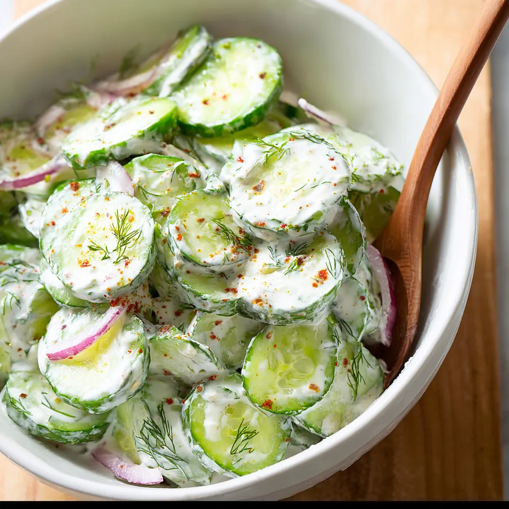 Cucumber salad with creamy Greek yogurt dressing. Summer side dish.