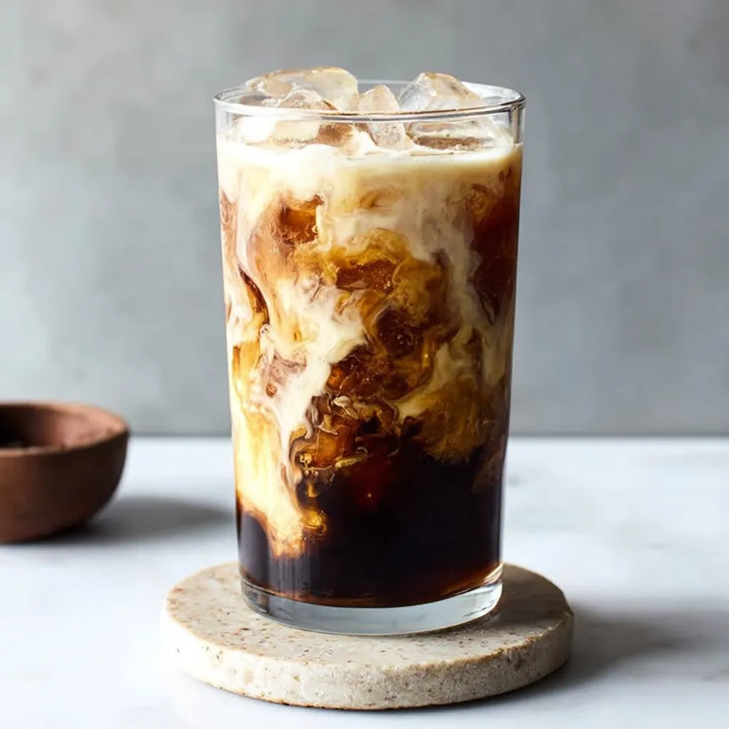 Iced coffee in cute glass. Soft, dreamy aesthetic.