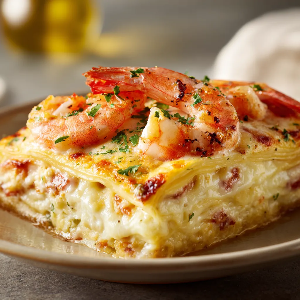 Garlic butter shrimp scampi lasagna: creamy, cheesy baked layers.