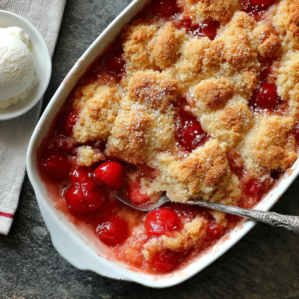 Warm cherry cobbler dessert, baked with fresh cherries.