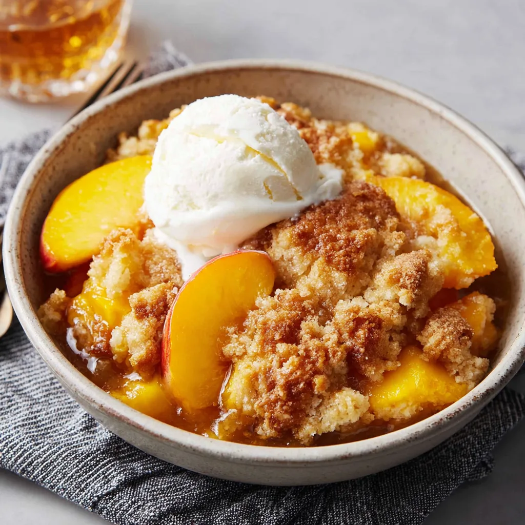 Golden, easy peach cobbler. Homemade dessert with juicy peaches.