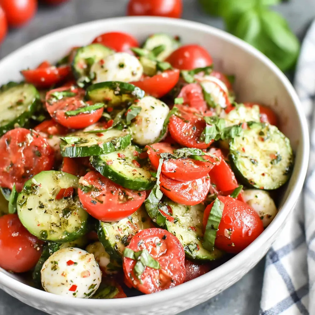 Cucumber Caprese Salad: Sliced cucumbers, tomatoes, mozzarella, basil, and balsamic glaze.