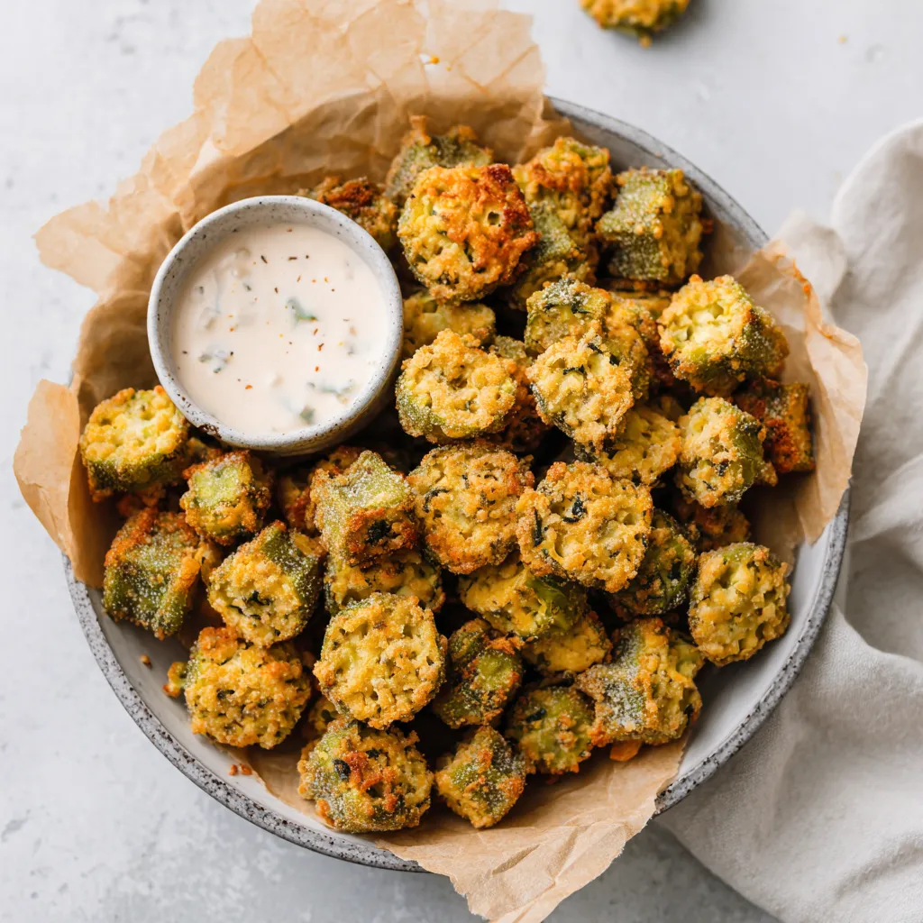 Crispy fried okra with creamy buttermilk dip.