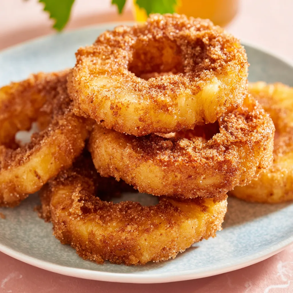 Golden fried pineapple rings, a sweet and crispy dessert.