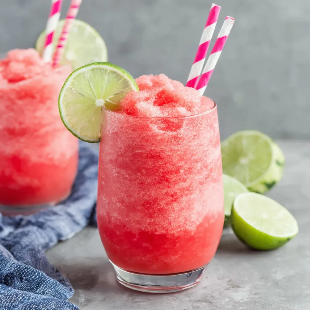 Frozen watermelon daiquiri in a glass. Refreshing summer cocktail.