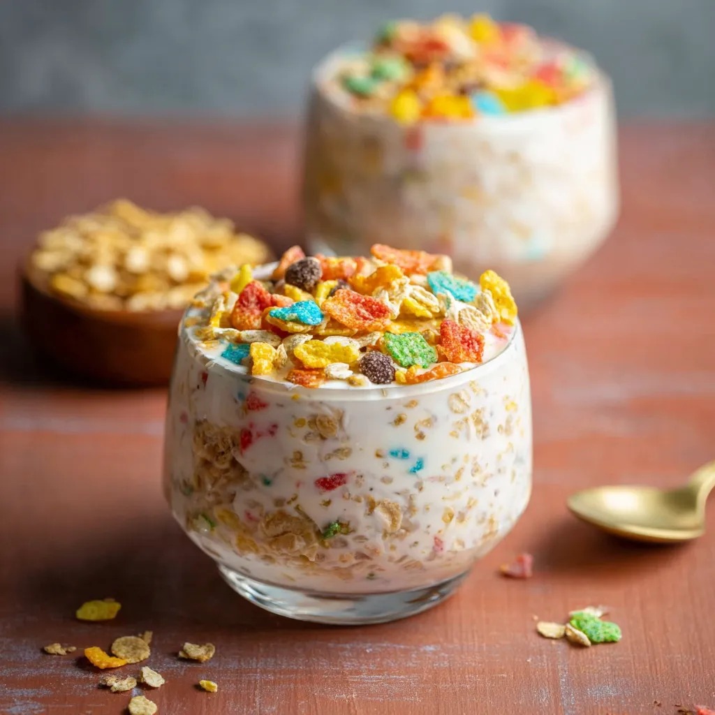 Fruity Pebbles overnight oats in a glass jar. Colorful, delicious breakfast.