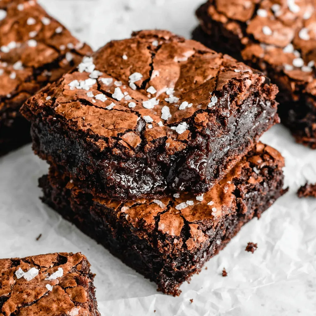 Close-up of a stack of fudgy chewy brookies.