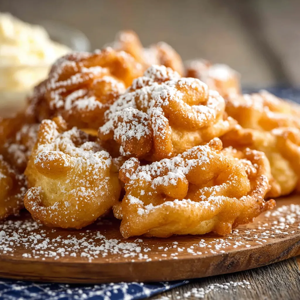 Crispy funnel cake bites dusted with powdered sugar. Mini, craveable treats!