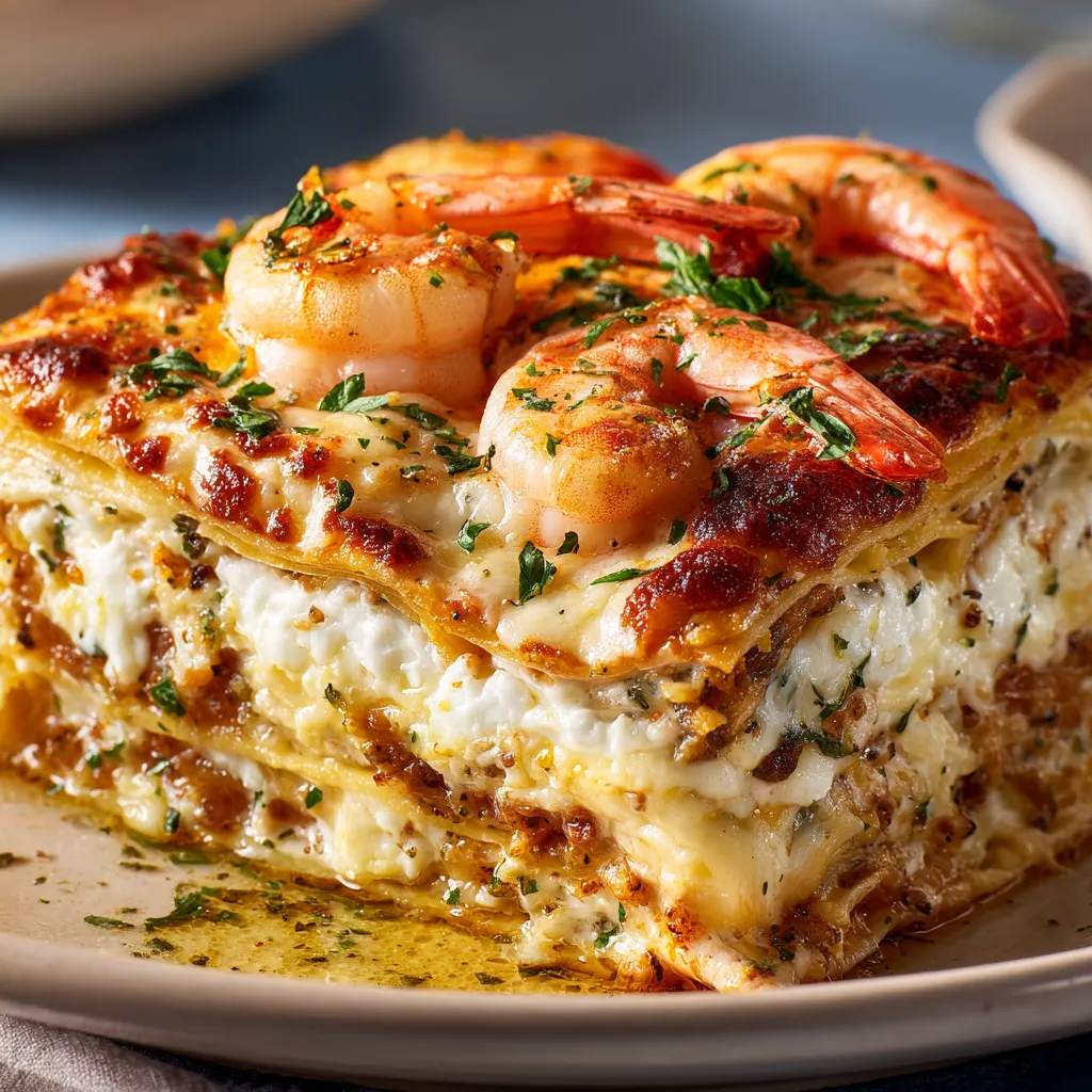 Garlic butter shrimp scampi lasagna, creamy and cheesy.