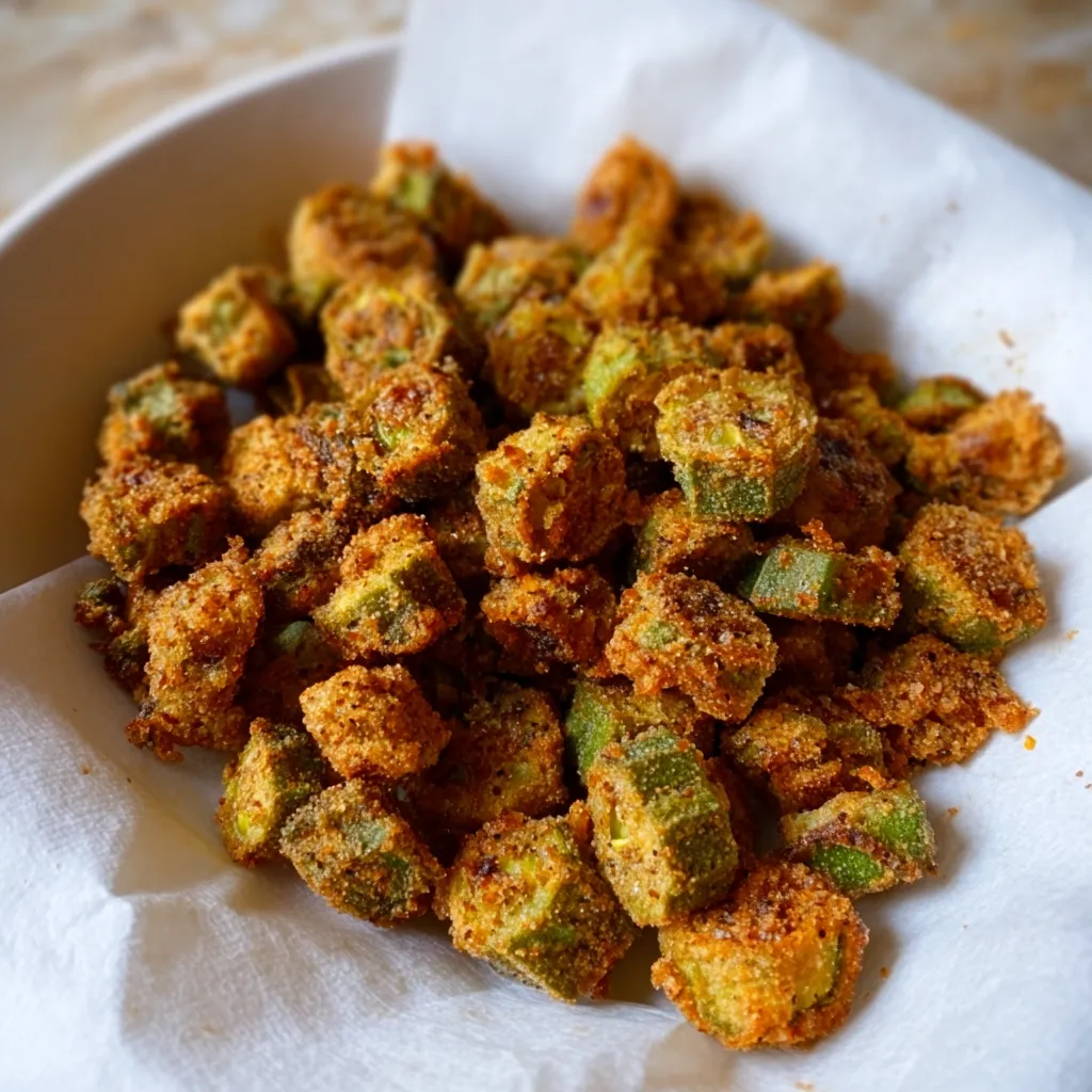 Crispy gluten-free fried okra, golden brown and ready to eat.