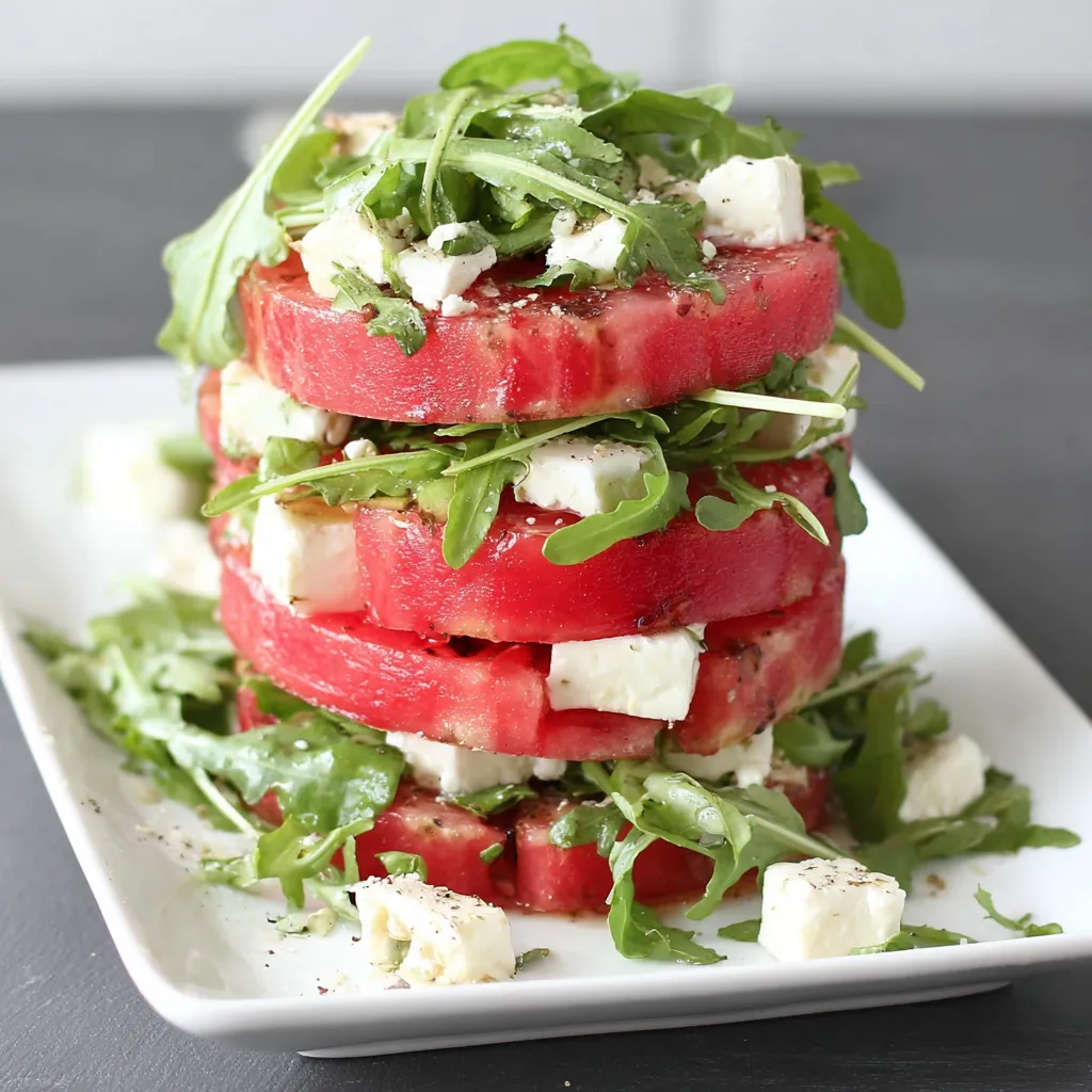 Grilled watermelon feta salad stack. Summer appetizer.