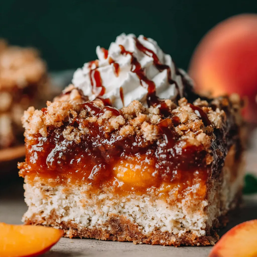 Close-up of easy summer peach bars. Homemade dessert with fresh peaches.