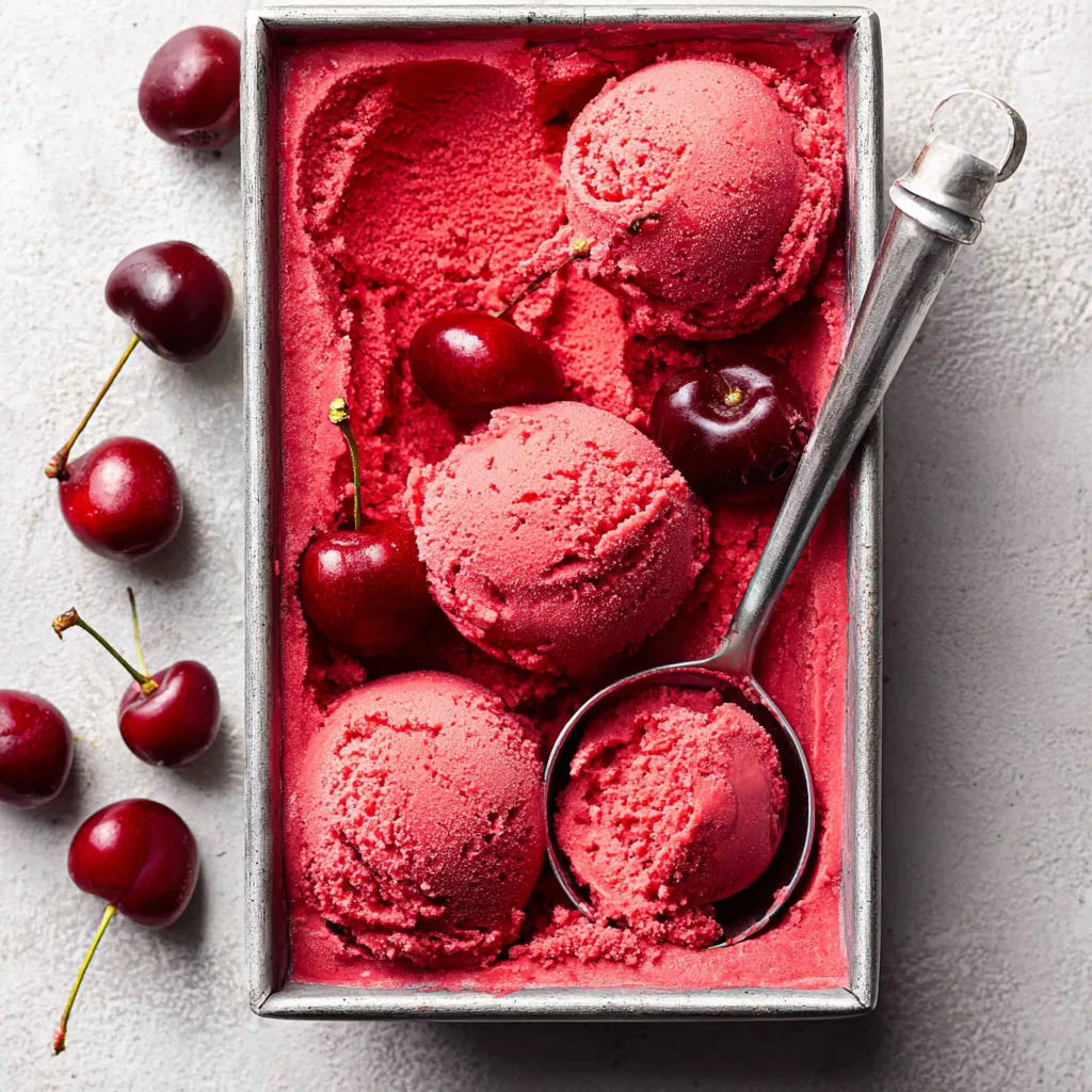 Close-up of vibrant red cherry sorbet in a glass bowl, ready to eat.
