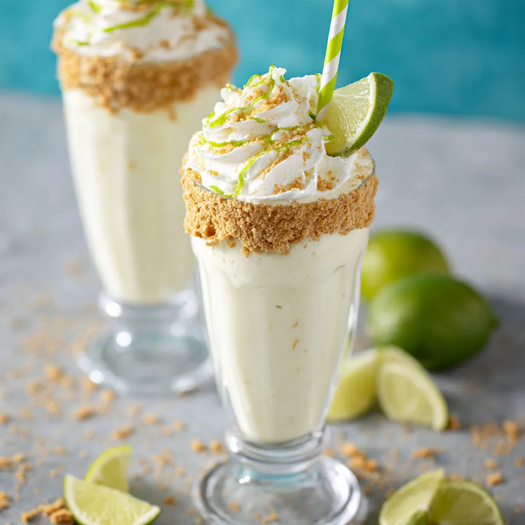Key lime pie milkshake in a glass, ready to drink.