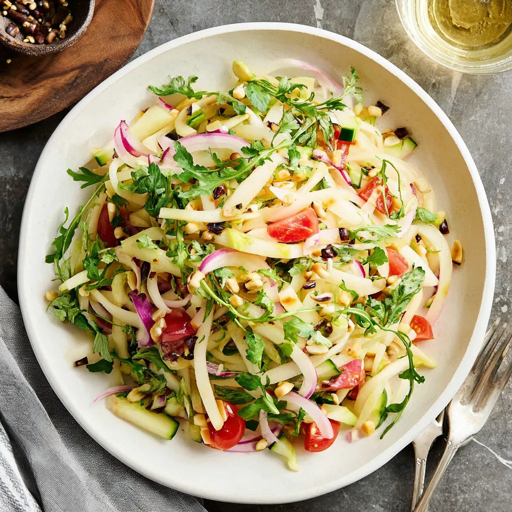 Zesty kohlrabi salad: Close-up of the refreshing, vibrant vegetable salad.