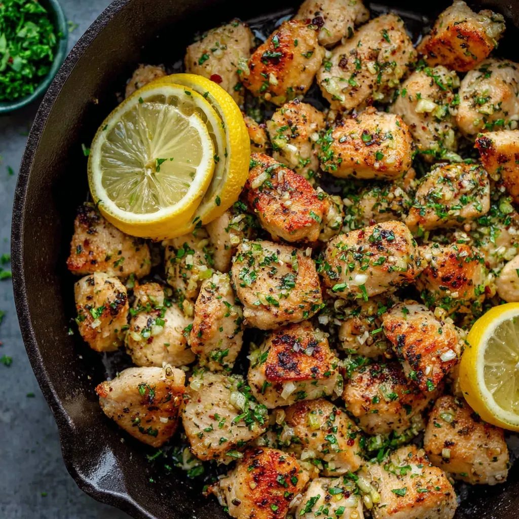 Lemon garlic chicken bites, glistening and ready to eat. Delicious, easy recipe.