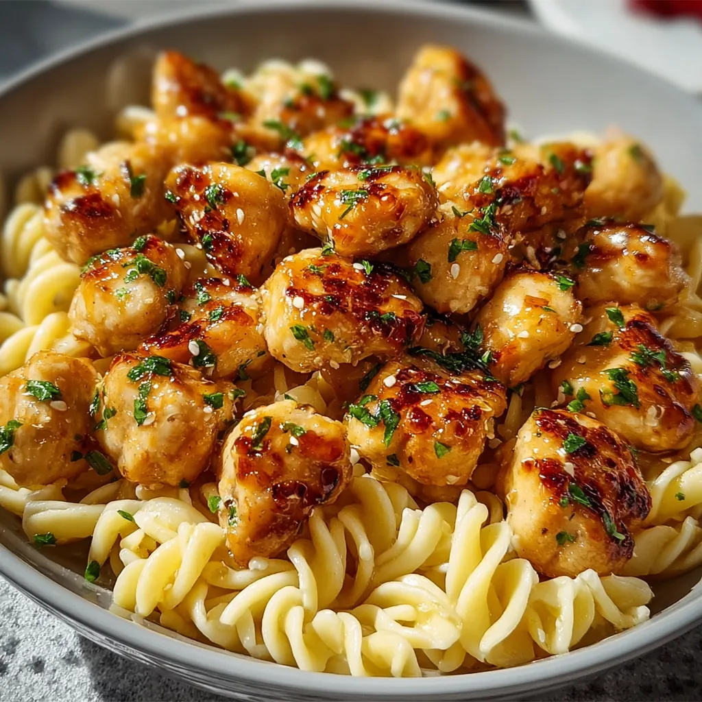 Lemon garlic chicken bites and pasta, a quick 30-minute dinner recipe.